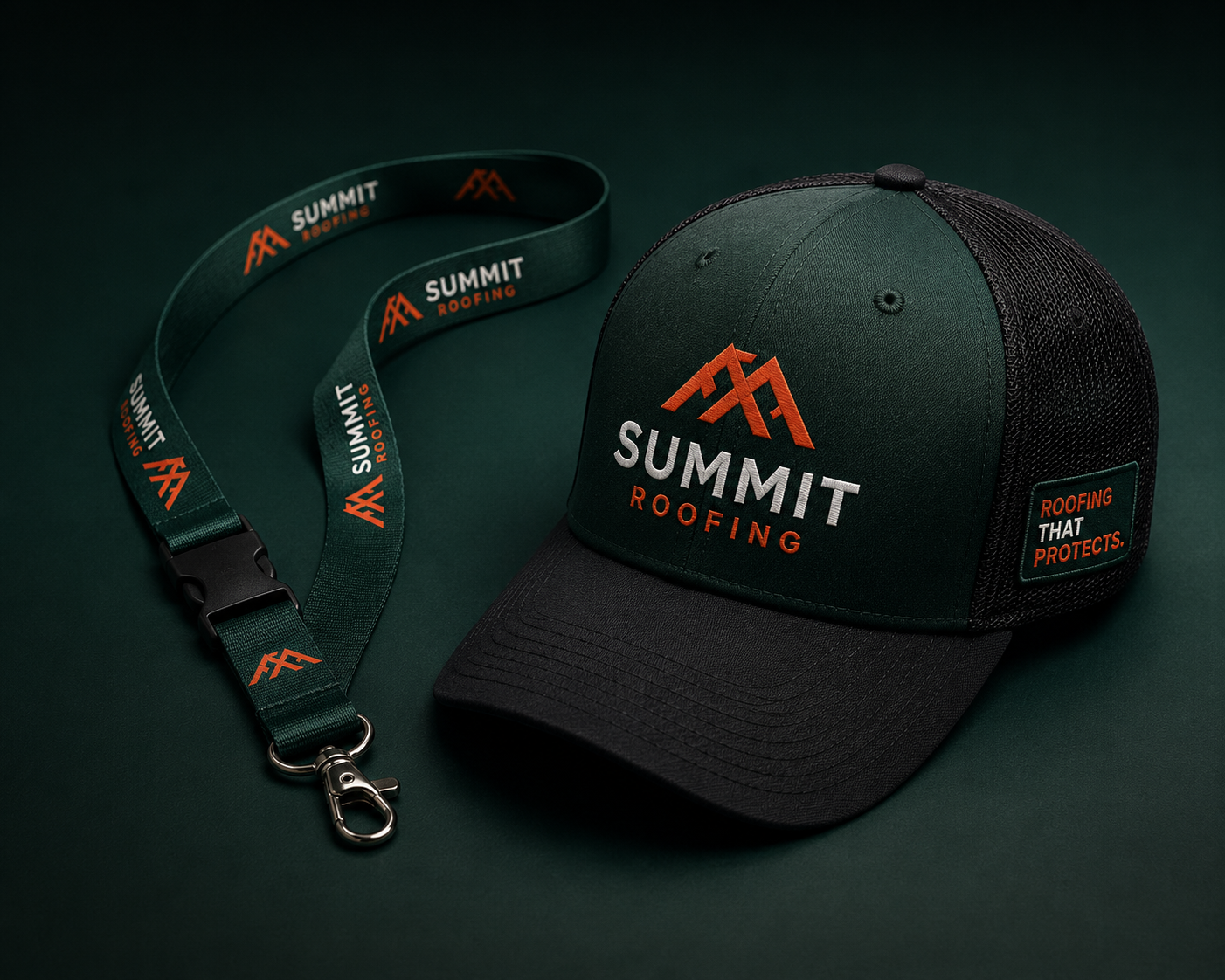 Example branded hat and lanyard mockup.